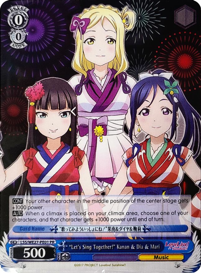 "Let's Sing Together!" Kanan & Dia & Mari Promo waifu card — Weiss Schwarz