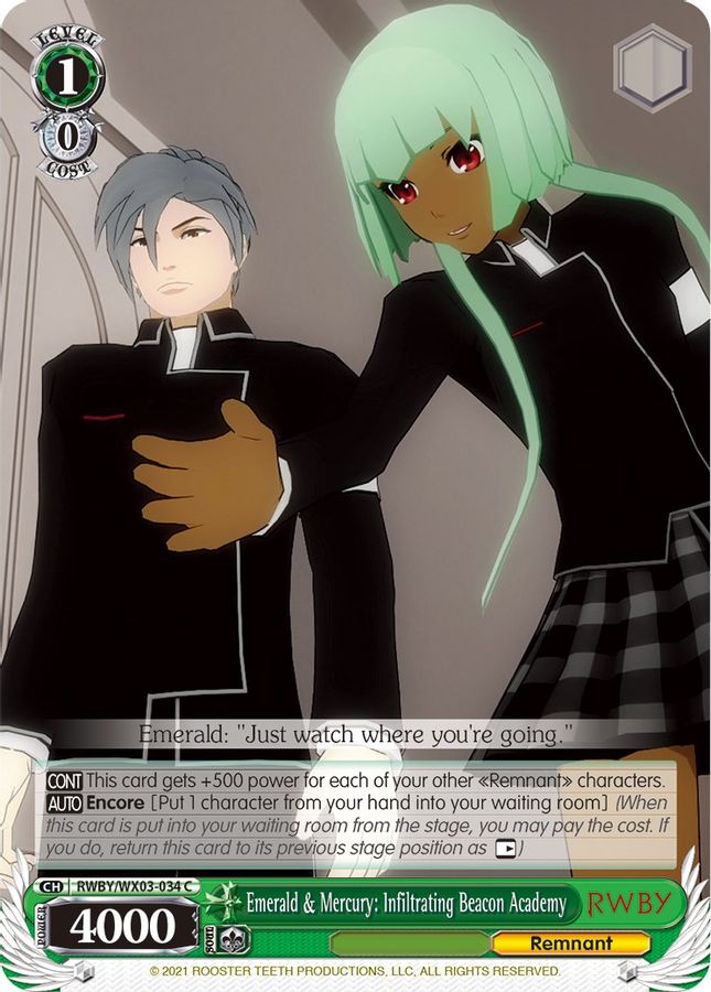 Emerald & Mercury: Infiltrating Beacon Academy C waifu card — Weiss Schwarz